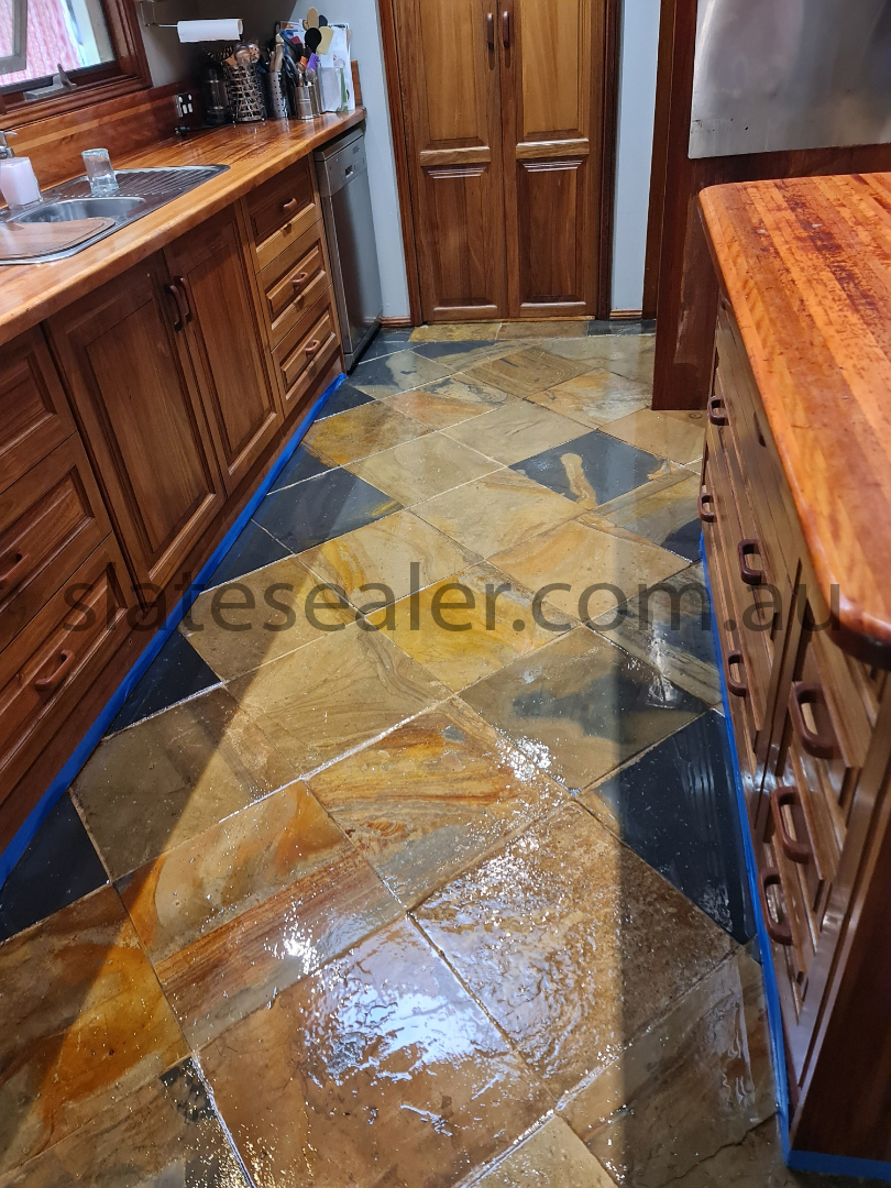  Kingston White Cabinets with Slatestone Tile Floor in kitchen